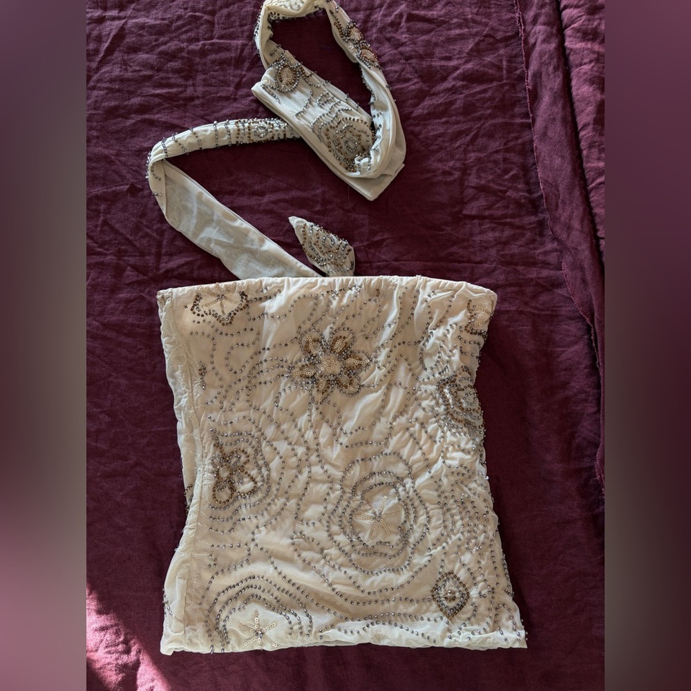 Cream Strapless Top with Gold & Silver Beading